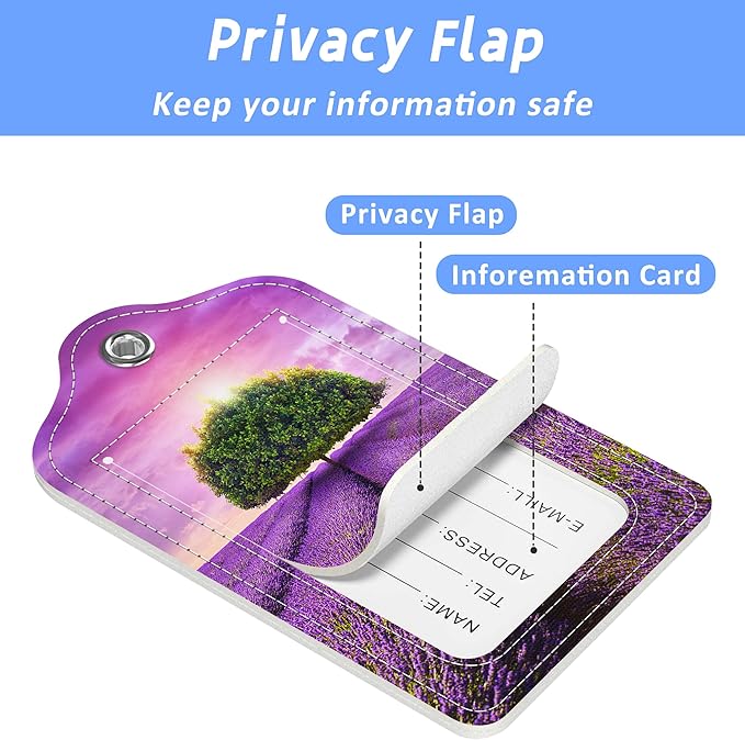 Set of 2 Luggage Tags Tree in The Lavender Field Leather Suitcases Tag with Privacy Cover Stainless Steel Loop and Address Card for Women Men Travel