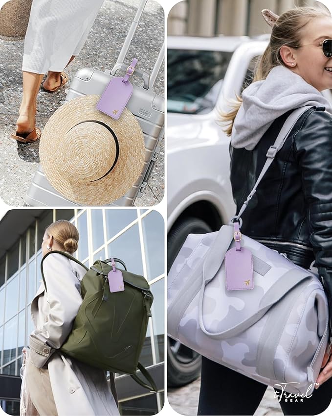 Luggage Tags for Suitcases,2 Pack PU Leather Privacy Protection Bag Tags Travel Accessories Essentials,Lavender