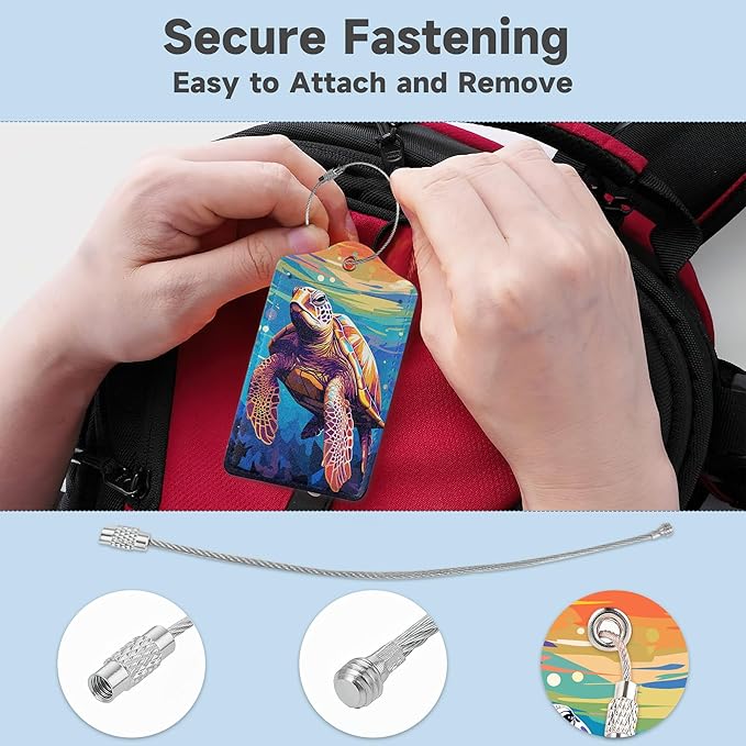 Set of 2 Luggage Tags for Suitcases, Leather Watercolor Sea Turtle Baggage Tags with Stainless Steel Loop, Privacy Name ID Card Cover Kawaii Travel Labels for Women Men Kids Girls