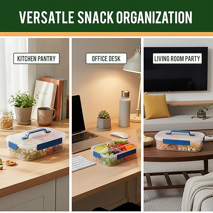 Li & Zhao Snackle Box Container - 4-Compartment Divided Snack Serving Tray with Silicone Handle, Perfect for Picnics, Leak-Proof, and Dishwasher-Safe Dressing Containers(Blue)