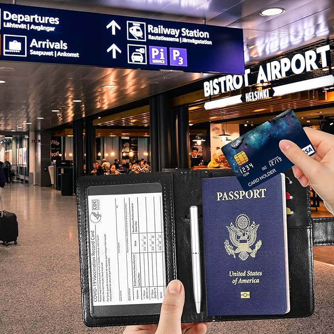 RSAquar Unisex Faux Leather Passport and Vaccine Card Holder Combo, Black, Slim and Lightweight with RFID Blocking Technology