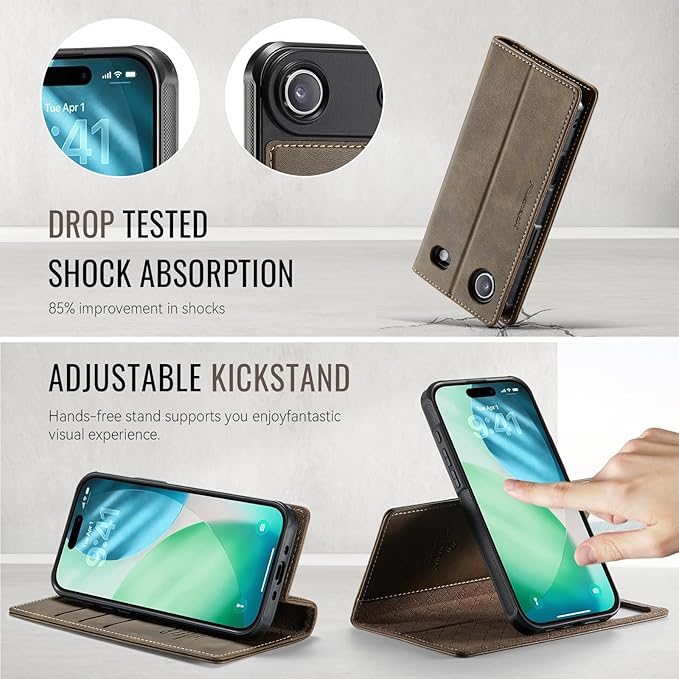 PlusnapX Wallet Case for iPhone Air Compatible with Magsafe, 2-in-1 PU Leather Flip RFID Blocking Card Holder Stand ShockAirof Magnetic Detachable Cover for iPhone 17 Air Case 6.5", Brown