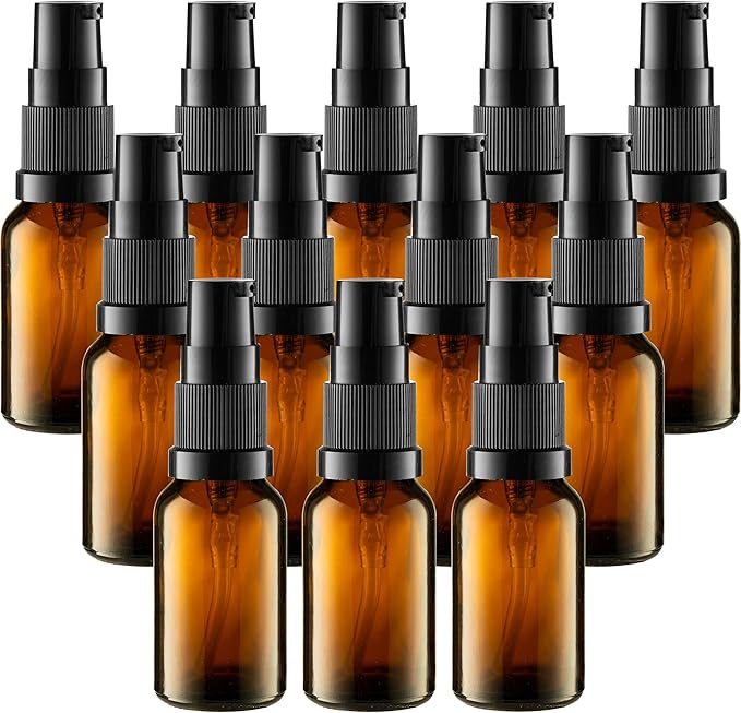12 Pack Empty Refillable Glass Amber Pump Bottle Ideal for Lotion Cream Essential Oil Travel Small Container, 15ml