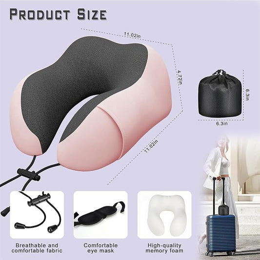 Neck Travel Pillow, Upgraded Memory Foam Pillow for Airplane, Machine Washable, Adjustable Flight Pillow, Suitable for Sleeping Airplane, Car, Office and Home (Pink)