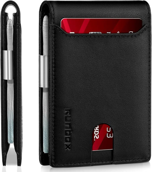 RUNBOX Slim Wallets for Men - Leather Money Clip Mens Wallet - RFID Blocking Front Pocket Bifold Wallet - Thin Credit Card Holder with Gift Box