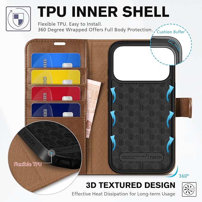 TUCCH Wallet Case for iPhone 17 Pro (6.3") 2025, 4 Card Slots | RFID Blocking | Stand | PU Leather | Magnetic Closure | Protective Flip Folio Cover | Shockproof TPU Shell | Brown