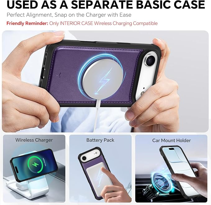 TUCCH 2-in-1 Removable Wallet Case for iPhone Air (6.5-inch) 2025, Wireless Charging | RFID Blocking 4 Card Holders | Wrist Strap | Kickstand | Magnetic | PU Leather Protective Cover | Deep Purple