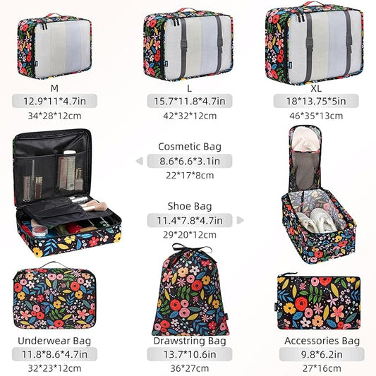 BAGAIL 8 Set Packing Cubes Luggage Packing Organizer Bags for Travel Accessories-Black Floral