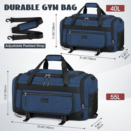IGOLUMON Gym Bag for Men 55L Sports Duffel Bags Gym Duffle Bag Women with Shoe Compartment & Wet Pocket Water Resistant Travel Duffel Bag Lightweight Weekender Overnight Bag Blue