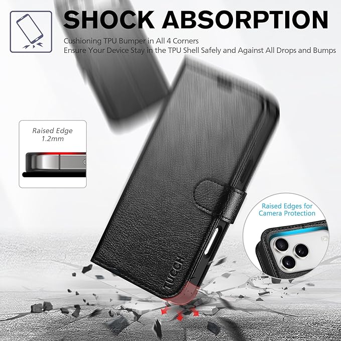 TUCCH Case Wallet for iPhone 17 Pro Max (6.9-Inch) 2025, RFID Blocking 4 Card Slots, Kickstand, Magnetic Closure, PU Leather, Shockproof TPU Shell, Protective Folio Cover, Textured Black