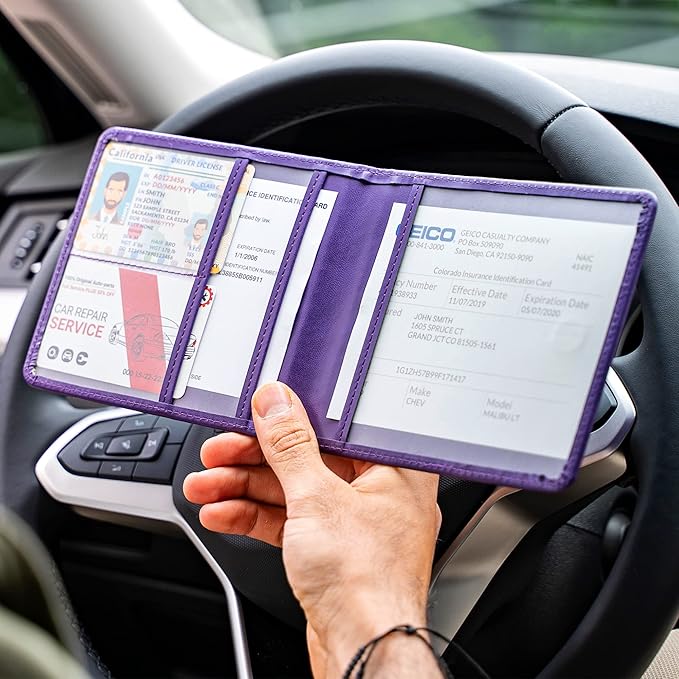 CANOPUS Car Registration and Insurance Holder, PU Leather Card Holder, Vehicle Glove Box Organizer for Auto, SUV, Truck and Motorcycle, Purple