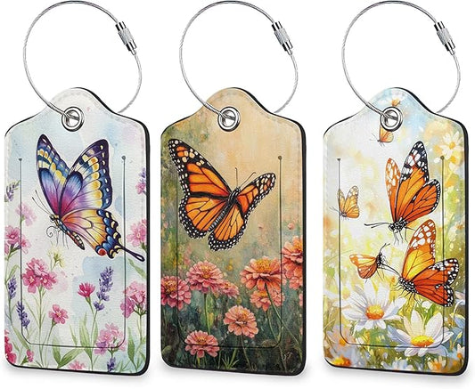 Butterfly Flower 3 Pack Luggage Tag for Suitcase, Leather Bag Tags with Privacy Cover ID Label and Durable Steel Loop for Cruise Airport Travel