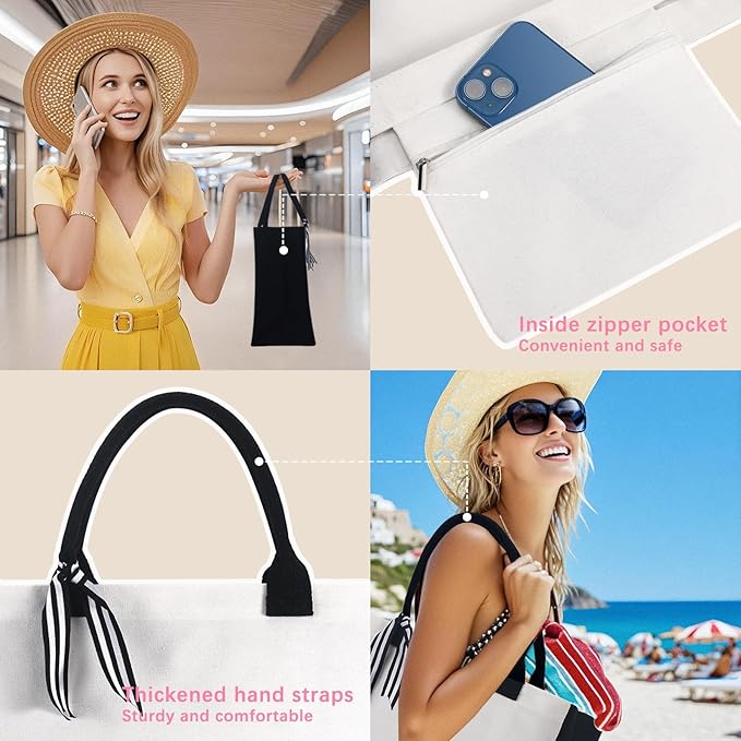 OKBA Personalized Classic Canvas Tote Bag(Black and White), for Wedding, Birthday, Beach, Perfect Gifts for Women