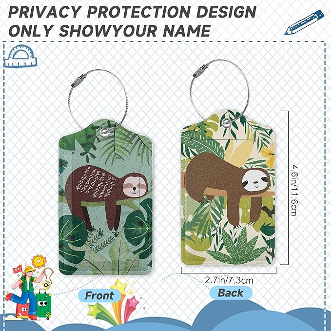 Cute Sloth Luggage Tags for Suitcases,2 Pack Palm Luggage Tag,Leather Stainless Steel Loop Label Tag for Women Men Girls Travel Bag Suitcase
