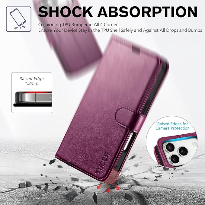 TUCCH Wallet Case for iPhone 17 Pro (6.3") 2025, RFID Blocking 4 Card Holders | Kickstand | Shockproof TPU Shell | PU Leather | Magnetic Closure | Protective Flip Folio Cover | Plum Purple