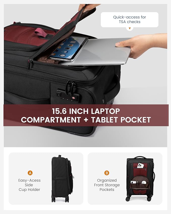LOVEVOOK Business Softside Checked Luggage with 15.6/17.3 Inch Laptop Compartment, 24 Inch Checked Suitcase with Spinner Wheels, Large Capacity Luggage with TSA Lock for Business Trip Travel Red&Black