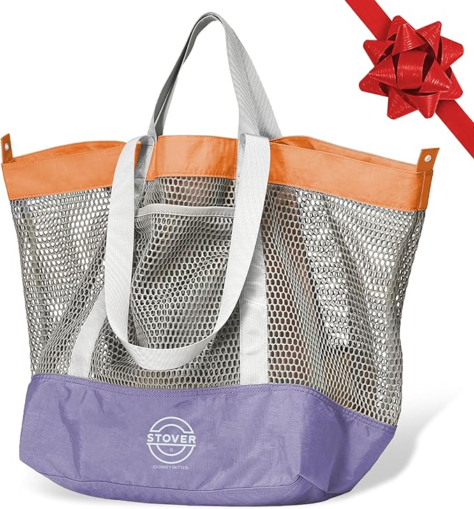 STOVER Large Mesh Beach Bag, Vacation, Pool, Shopping, & Travel Tote - Foldable w/Storage Pockets for Women, Men & Families