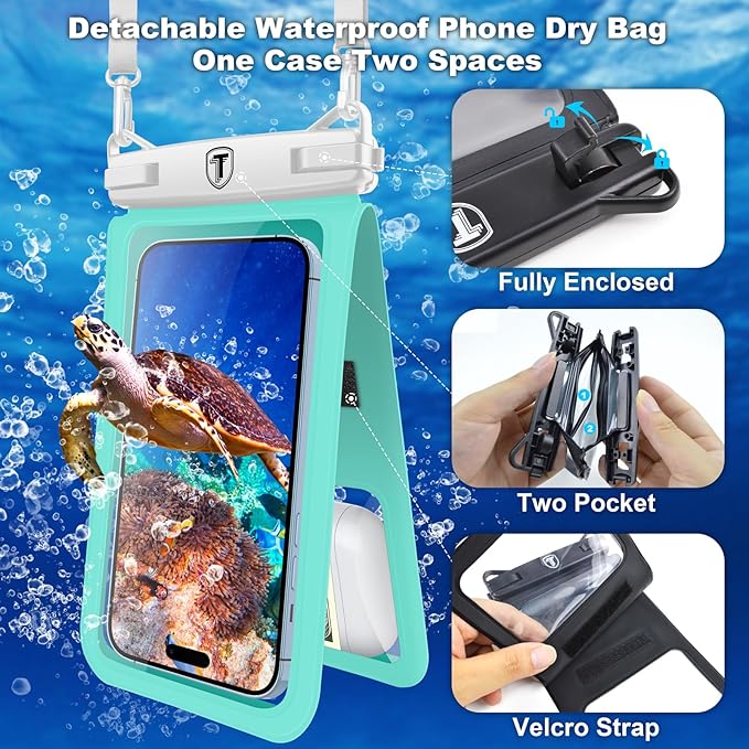 [2-Pack] Tekcoo Double Space Detachable Waterproof Phone Case IPX8 Pouch Lanyard Dry Bag for iPhone 17/16/15/14/13/12/Pro Max/Air/Pro/Xr/8/SE, Galaxy S25/S24/S23/S22/S21/FE/A17/A16/A15 up to 7"