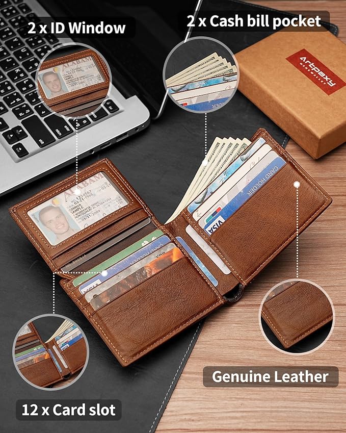Artpaxy Mens Wallet Bifold Genuine Leather RFID Blocking Wallet for Men with 2 ID Windows 12 Card Holders 2 cash pockets 1 Gift Box