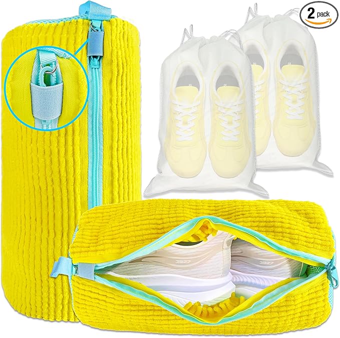 XXL Shoe Washing Machine Bag - 2-Pack Reusable Shoes Cleaning Bags, 360° Deep Clean for Tennis Shoes, Sneakers and Slippers, Includes 2 Shoe Storage Dust Bags (Yellow)