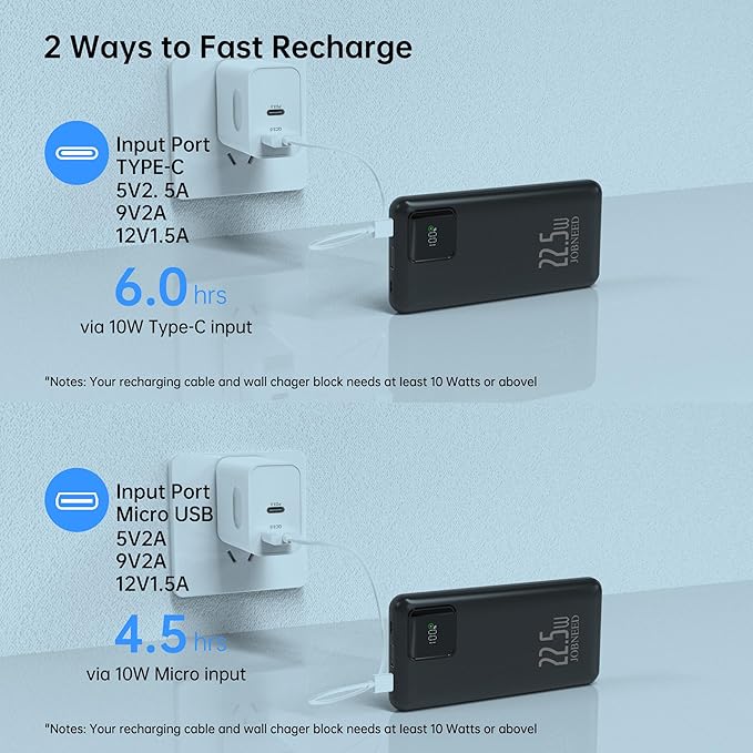 Portable Charger built-in Cables,Super fast charging Power Bank with Cords Wires,Slim 10000mAh Travel Battery Pack 4 Outputs 2 Inputs 3A Fast Charging compatible with IPhone Samsung Android (Blue)