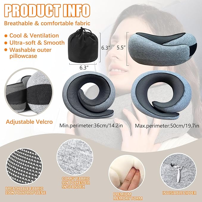 Travel Neck Pillows for Airplanes Or Cars, 360° Head Support for Comfort On Long Flight, Skin-Friendly and Breathable, Kit with 3D Contoured Eye Mask, Earplugs and Storage Bag