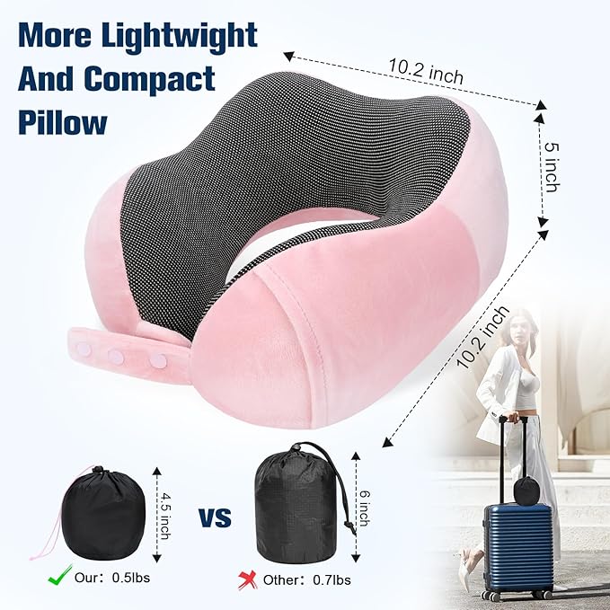 Neck Pillow for Traveling, Travel Pillows for Airplanes,100% Pure Memory Foam Travel Neck Pillow, Adjustable Flight Pillow, Portable Plane Accessories with Eye Mask, Earplugs, Carry Bag