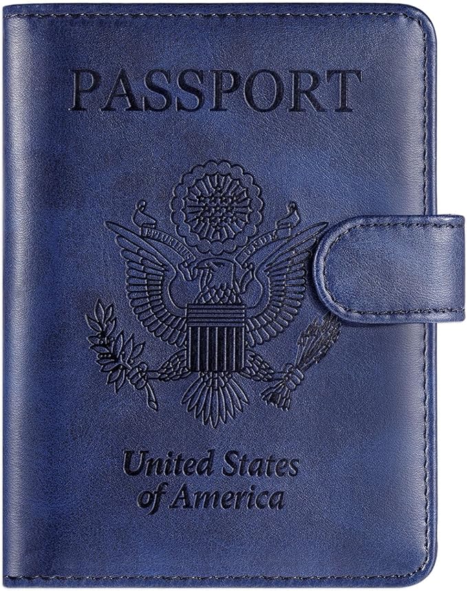 RSAquar Passport Holder for Women and Men, Premium PU Leather Travel Passport Wallet RFID Blocking Passport Cover Travel Documents Organizer with Pen Holder, Blue