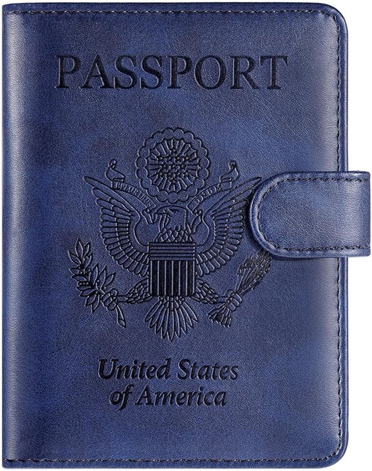 RSAquar Passport Holder for Women and Men, Premium PU Leather Travel Passport Wallet RFID Blocking Passport Cover Travel Documents Organizer with Pen Holder, Blue