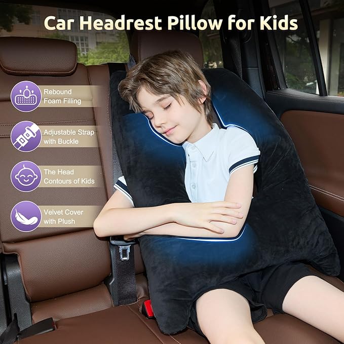 Car Pillow for Kids, Travel Pillow with Adjustable Strap, U-Shaped Pillow for Adults and Children to Support Head and Body Road Trip Essentials (Dark Black)