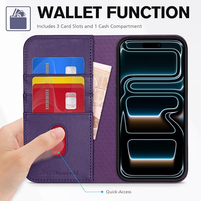 TUCCH Wallet Case for iPhone 17 Pro Max (6.9") 2025, 3 Credit Card Slot | RFID Blocking | Stand | PU Leather | Protective Flip Folio Cover | Shockproof TPU Interior Shell | Dark Purple