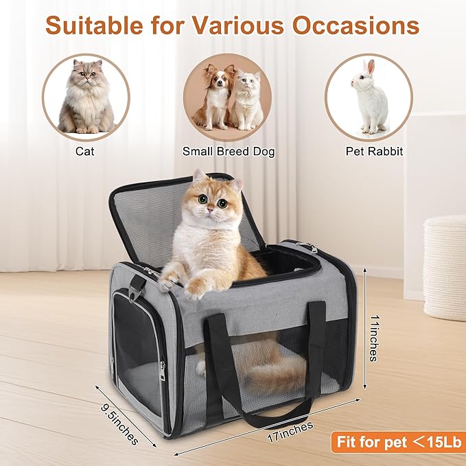 Pet Carrier, Breathable Mesh Design, Soft Cat Carrier with Shoulder Strap, Comfortable Travel Solution, Grey