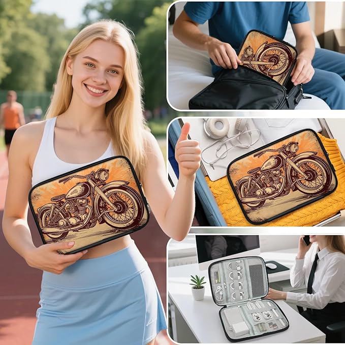 Vintage Motorcycle Travel Cable Organizer Pouch Orange Brown Car Electronics Accessories Carry Case Portable Water Resistant Storage Bag for Cord Charger Phone Earphone SD Card