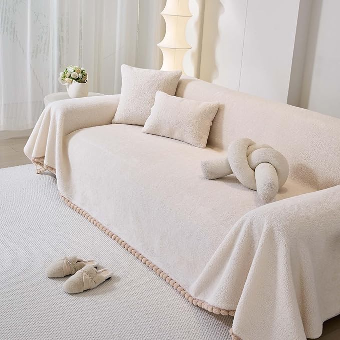 Sherpa Fleece Couch Cover for 3 Cushion Sofa, Beige, 71" x 134" - Pet Proof Sofa Covers Heavy Duty Scratch Resistant Pet Friendly Furniture Cover - Easy Install, Machine Washable