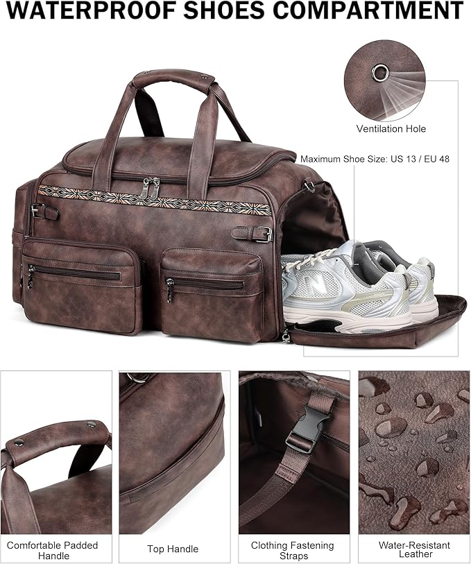 FADEON Duffle Bag for Women, Large Convertible Carry on Overnight Backpack, Designer Leather Mens Weekend Bags for Travel