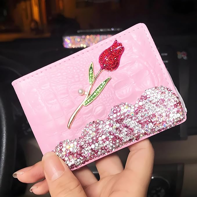 Bling Sparkle Rhinestone Flower Leather Credit Card Holder,10 Slots BlankDriver's License Holder for Women and Men, Multi-Functional Card Organizer for Documents, ID Cards, License (Pink)