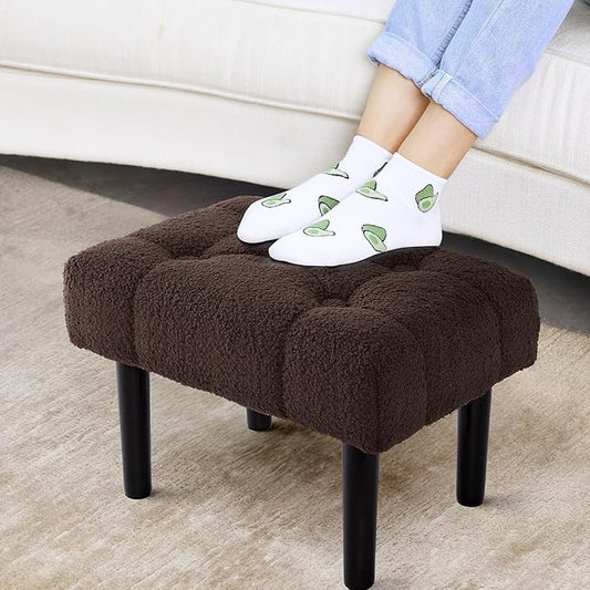 HOUCHICS Fur Padded Foot Stool, Small Ottoman Foot Rest with Wooden Legs,Modern Rectangle Chair Foot Rest Foot Step Stool for Living Room, Couch, Desk(Brown)