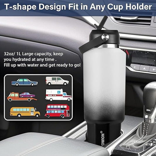 HYDROWION 32 oz Insulated Water Bottle, Car Water Bottle Holder - Double Wall Vacuum Insulated Travel Bottle with Straw Lid, Spout Lid and Flex Cap - Cold for 24H, Hot for 12H, Blue - Panda