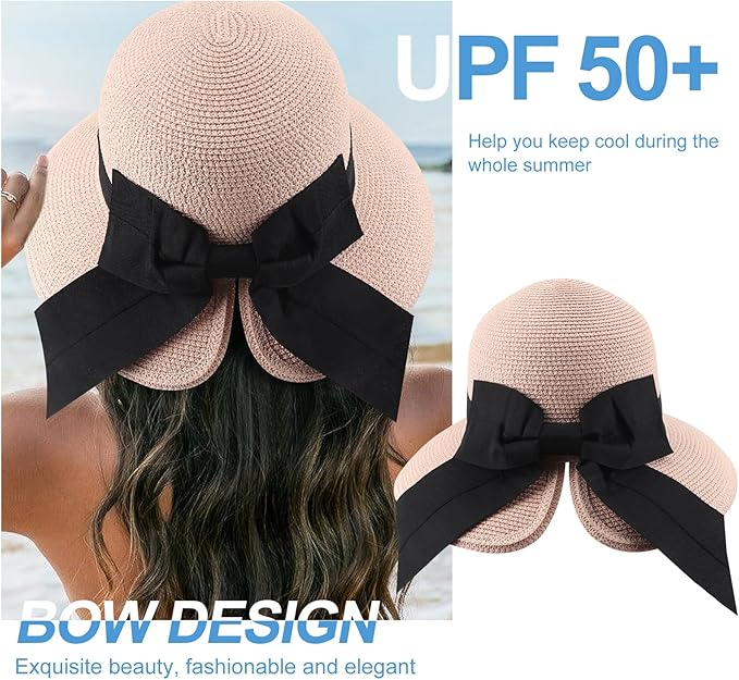 DRESHOW Sun Hats for Women Travel Fedora Foldable Beach Sun Hat Summer Wide Brim Straw Bucket Hat with Bowknot UPF 50+