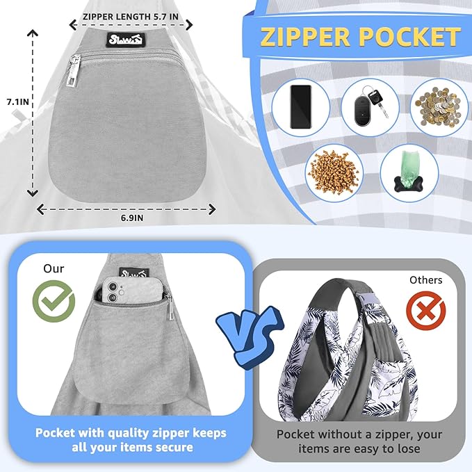 SlowTon Dog Carrier Sling - Thick Padded Shoulder Strap Adjustable Dog Carriers for Small Dogs, Puppy Carrier Purse for Pet Cat with Front Zipper Pocket Safety Belt Machine Washable (GY, L)