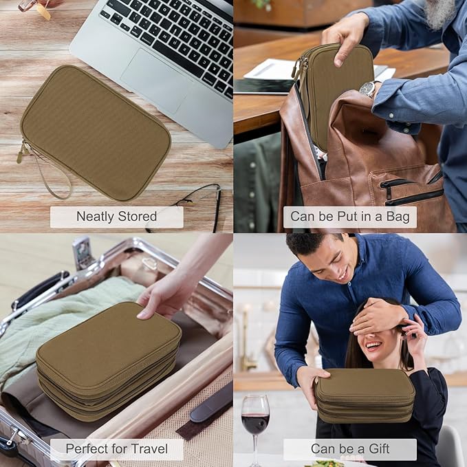 FYY Electronic Organizer, Large Travel Cable Organizer Bag Pouch Electronic Accessories Carry Case Portable Waterproof Double Layers All-in-One Storage Bag for Cable, Cord, Charger, Phone, Brown