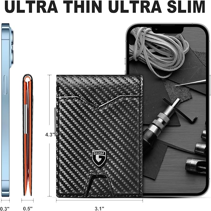 GSOIAX Mens Slim Wallet for Men Minimalist Genuine Leather Carbon Fiber Rfid Blocking Bifold Credit Card Holder With Gift Box (Carbon and Orange -money clip)