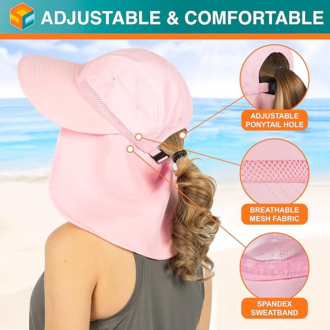 SUN CUBE Sun Hat for Women with Ponytail Hole Neck Flap, Gardening Hat Women Sun Protection, UV Hats Hiking Walking Fishing