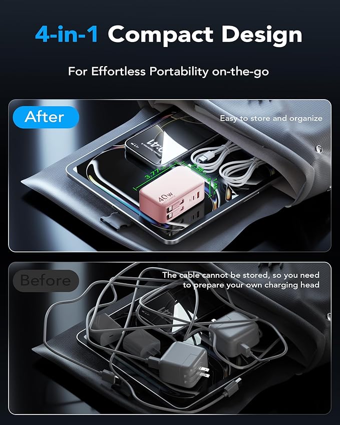 Retractable USB C Charger Wall Plug with Dual 35.5in/90cm Type C Cables Cords,40W Fast Charging Foldable Block Multi Charger for All Devices for iPhone 17/16/15/14/13/12,iPad,Galaxy,Pixel