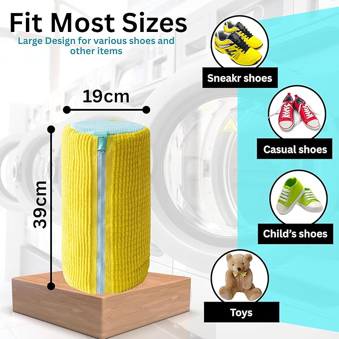 2-Pack Shoe Laundry Bags for Washer & Dryer – Reusable Sneaker laundry Bag with 360° Microfiber Cushion – Anti-Deform, Tear-Resistant, Foldable shoe washing machine bag, 39x19cm – Yellow