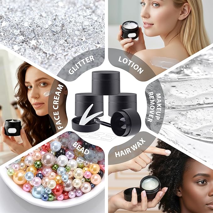 Travel Size Containers, 1OZ Small Plastic Containers with Lids, Travel Container for Creams, Lotion, Toiletries, Makeup (4PCS Black Plastic Jars)