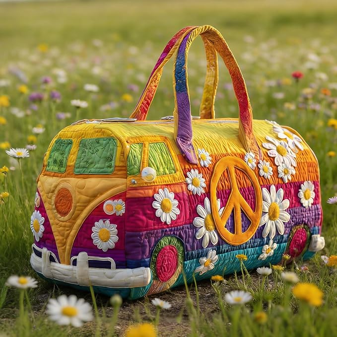 Hippie Journey Quilted Duffel Bag Hippie Van Travel Duffel Bag Vintage Floral Weekender Overnight Bags Women Gym Bags