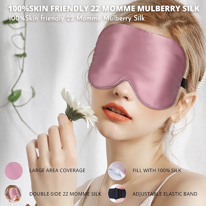 Sleep Mask, Silk Eye Mask for Sleeping with Adjustable Strap, Satin Blackout Sleeping Eye Mask for Men&Women, Comfortable Blindfold Eyeshade for Night Sleep(22 Momme Pink)