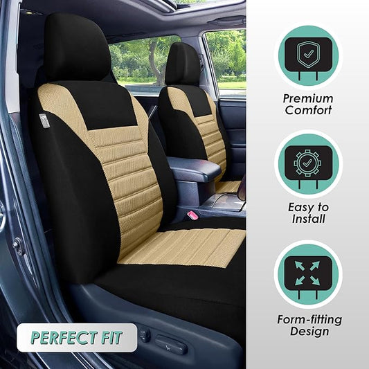 FH Group Automotive Car Seat Covers Full Set Premium 3D Air Mesh Front Seat Covers, Airbag Compatible & Split Bench Cover Universal Fit Interior Accessories for Cars Trucks and SUVs - Beige