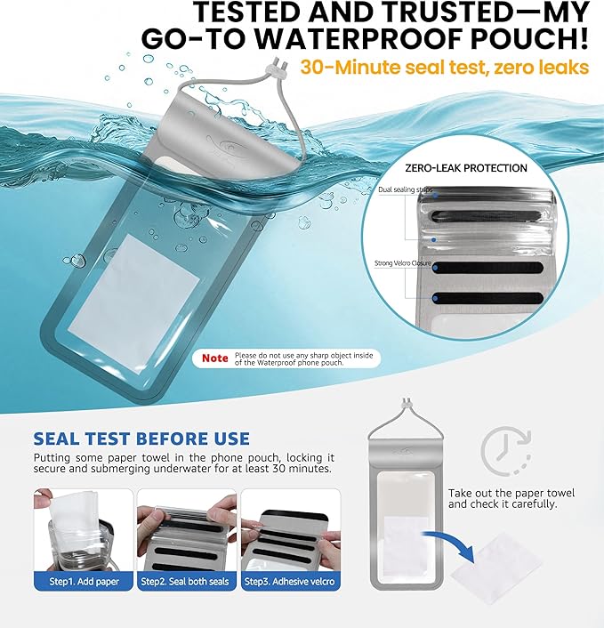 HiRui Universal Waterproof Phone Pouch with Touch Screen, IP68 Waterproof Phone Case Dry Bag for Beach, Compatible with iPhone 16/15/14/13/12/XR/SE, Samsung Galaxy, Fits up to 6.1" (Silver, Large)